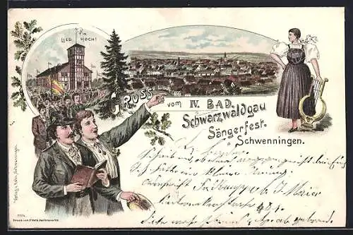 Lithographie Schwenningen / Neckar, IV. Bad. Schwarzwaldgau Sängerfest, Ortsansicht, Sängerin mit Lyra