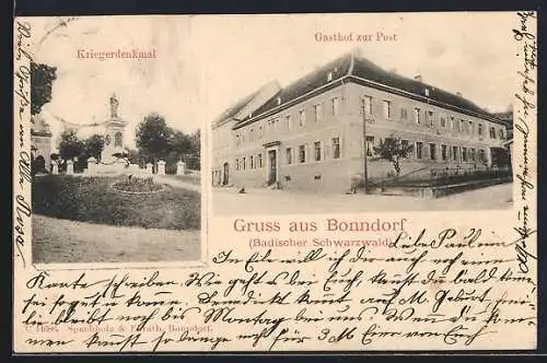 AK Bonndorf / Schwarzwald, Gasthof zur Post, Kriegerdenkmal