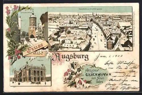 Winter-Lithographie Augsburg, Theater, Wertachbruckerthor und Panorama vom Stulrich gesehen