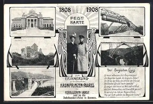 AK Barmen, Jahrhundertfeier 1908, Burg und Schwebebahn, Kronprinzenpaar