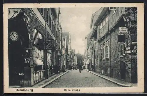 AK Rendsburg, Hohe Strasse mit Uhrengeschäft Alfr. Horst