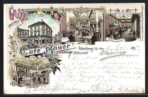 Lithographie Oldenburg / O., Cafe Bauer, Billardzimmer