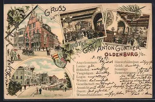 Lithographie Oldenburg / O., Hotel Graf Anton Günther, Aussen- u. Innenansichten, Strasse am Stau, Wappen