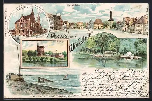 Lithographie Glückstadt, Wasserturm, Kaiserl. Postamt, Marktplatz