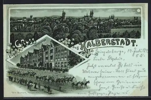 Mondschein-Lithographie Halberstadt, Bismarck-Kürassiere in der Spiegekstrasse, Totalansicht