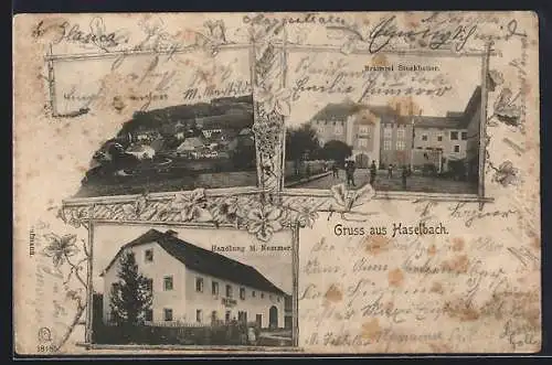 AK Haselbach /Ruderting, Brauerei Stockbauer, Handlung M. Nemmer, Ortsansicht