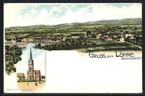 Lithographie Löhne, Die Kirche, Totalansicht mit Bahnhof