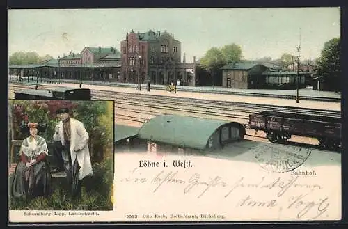 AK Löhne i. Westf., Gleispartie am Bahnhof, Paar in Schaumburg-Lipp. Landestracht