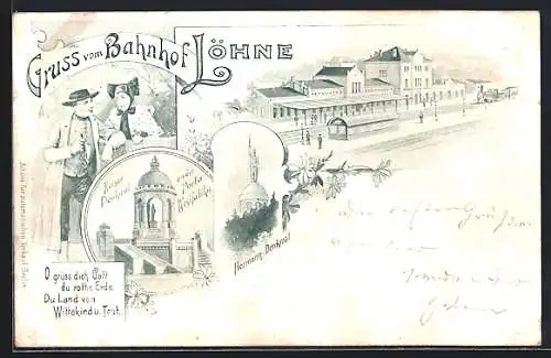 Lithographie Löhne, Bahnhof, Kaiser-Denkmal an der Porta Westfalica, Hermann-Denkmal, Paar in Tracht