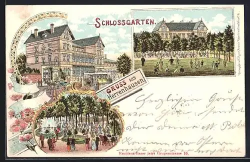 Lithographie Herrenhausen, Schlossgarten, 3 Ansichten, Blumenverzierung