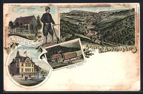 Lithographie St. Andreasberg, Ortsansicht, Grube Neufang, Forsthaus, Kaiserl. Postamt m. Denkmal