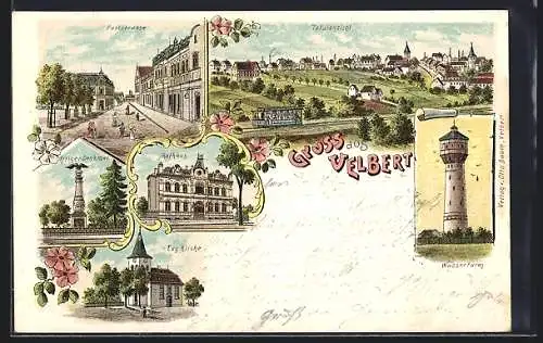 Lithographie Velbert, Wasserturm, Poststrasse, Rathaus, Krieger-Denkmal, Evg. Kirche