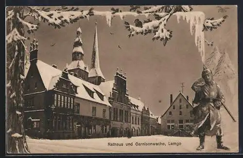 AK Lemgo, Rathaus und Garnisonswache im Winter, winterliches Passepartout, Grusskarte vom Soldaten