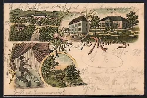 Lithographie Meinberg, Kursaal, Haus Rose, Moorbad, Hirsch auf der Weide