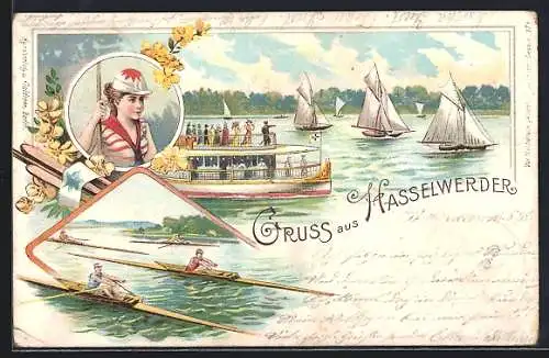 Lithographie Niederschöneweide, Hasselwerder, Uferpartie mit Segelbooten, Ruderboote, Dampfer