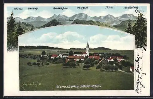 Künstler-AK Eugen Felle: Merazhofen /Württb. Allgäu, Ortsansicht und Alpenpanorama