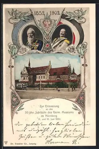 AK Nürnberg, 50 Jahre Germanisches Museum 1852-1902, Prinzregent Luitpold, Kaiser Wilhelm II., Wappen