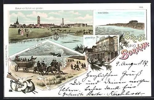 Lithographie Borkum, Ortsansicht, Hotel Eltze und Victoriahöhe