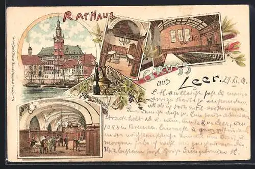 Lithographie Leer / Ostfriesland, Innenansichten des Bahnhofsrestaurants W. Buchholz, Rathaus