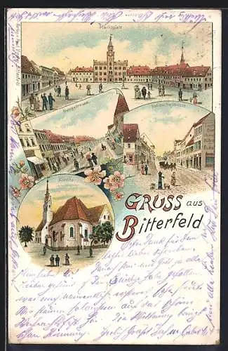 Lithographie Bitterfeld, Hallesche Strasse, Marktplatz, Burgstrasse