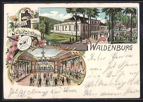 Lithographie Waldenburg / Sachsen, Schützenhaus, Gäste im Restaurant, Zielscheibe