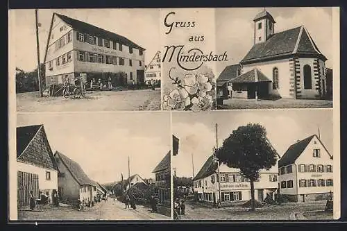 AK Mindersbach, Gasthaus zum Lamm, Gasthaus zum Bären, Kirche und Strassenpartie