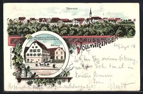 Lithographie Vollmaringen, Bierbrauerei und Gasthaus zur Krone, Totalansicht