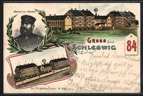 Lithographie Schleswig, Regiment 84, Kaserne und General von Manstein