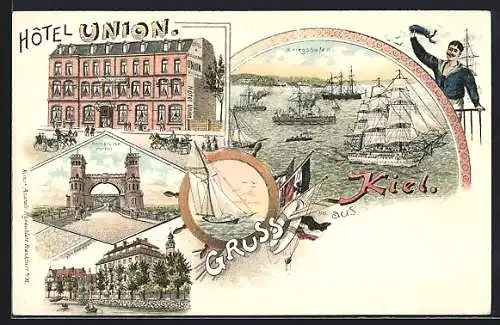 Lithographie Kiel, Hotel Union, Hochbrücke Portal, Schloss