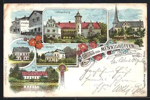 Lithographie Mennighüffen, Uhlenburg, Gut Beek, Dr. Spengler, Apotheke