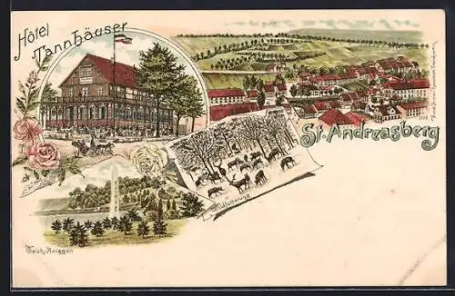 Lithographie St. Andreasberg, Hotel Tannhäuser, Teich-Anlagen und Wildfütterung