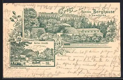 Lithographie Lemförde, Gasthaus Hannov. Berghause mit Garten-Ansicht