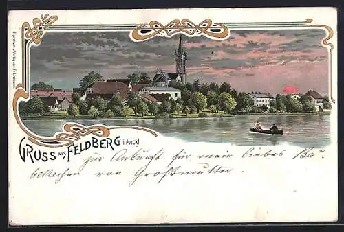 Lithographie Feldberg i. Meckl., Uferpartie mit Blick zur Kirche