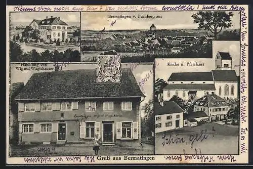 AK Bermatingen, Handlung von Wigand Wagishauser, Totalansicht, Pfarrhaus und Kirche