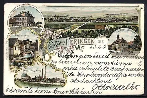 Lithographie Heringen /Helme, Obermühle v. Schloss, Postamt, Zuckerfabrik, Rathaus und Kriegerdenkmal