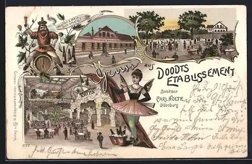 Lithographie Oldenburg / O., Gasthof Doodts Etablissement, Bes. Carl Nolte, Innenansicht, Garten und Tänzerin