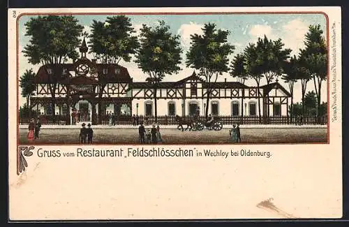 Lithographie Wechloy bei Oldenburg, Restaurant Feldschlösschen mit Passanten