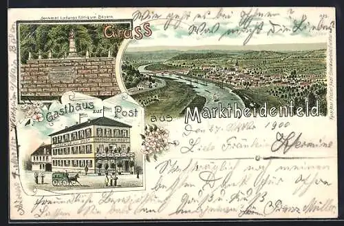 Lithographie Marktheidenfeld, Gasthaus zur Post, Denkmal Ludwig I. König von Bayern, Gesamtansicht