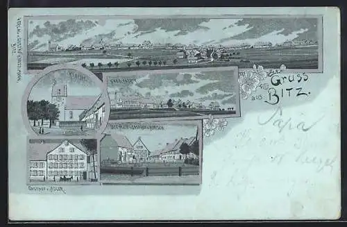 Mondschein-Lithographie Bitz / Württ., Gasthof zum Adler, die Hilb und Gasthof zum Hirsch, Nadelfabrik, Kirche