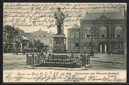 AK Forst /N.-L., Gymnasium und Bismarck-Denkmal