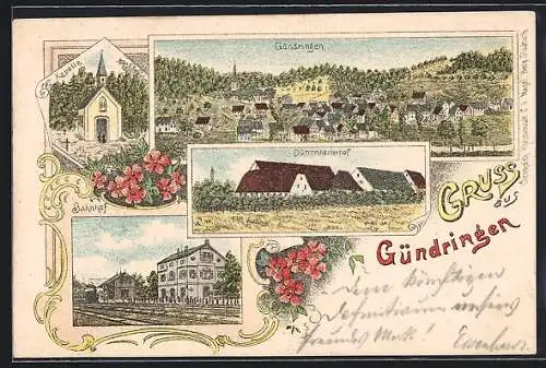 Lithographie Gündringen, Kapelle, Bahnhof, Dürrenharterhof, Ortsansicht