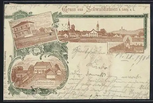 Lithographie Schwabhausen / Landsberg, Rabl`sches Gasthaus un Bahnhofsrestaurant, Bahnhof, Schloss Kaltenberg