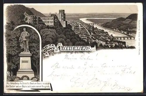 Vorläufer-Lithographie Heidelberg, 1893, Scheffel-Denkmal, Totalansicht mit Schloss