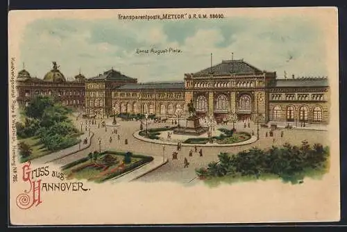 Lithographie Hannover, Ernst August-Platz mit Passanten, Halt gegen das Licht