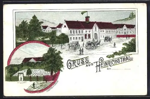 Lithographie Radeberg, Gasthof Gut Heinrichsthal mit Gartenwirtschaft