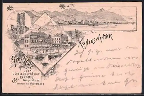 Vorläufer-Lithographie Königswinter, 1892, Hotel Düsseldorfer Hof v. Carl Ermekeil, Ruine, Gesamtansicht