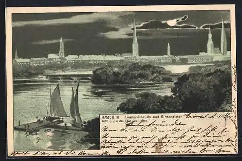 Mondschein-Lithographie Hamburg-Neustadt, Lombardsbrücke und Binnenalster, Halt gegen das Licht