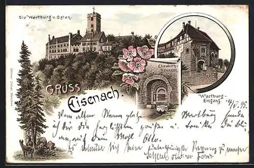 Vorläufer-Lithographie Wartburg, 1895, Blick auf die Burg, Elisabeth-Brunnen