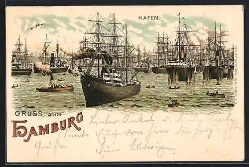 Vorläufer-Lithographie Hamburg, 1895, Segelschiffe im Hafen