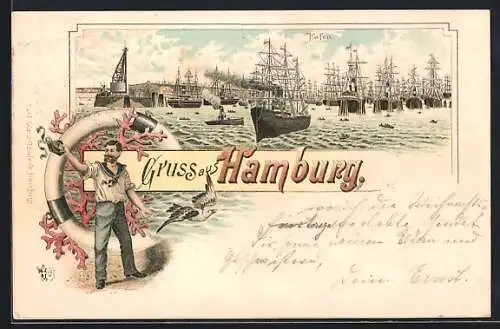 Vorläufer-Lithographie Hamburg, 1894, Segelschiffe im Hafen, Grüssender Matrose